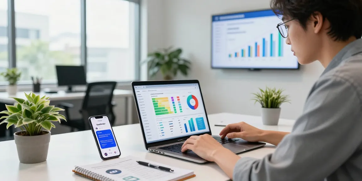Analyzing metrics for the best site to buy facebook followers in a modern office.