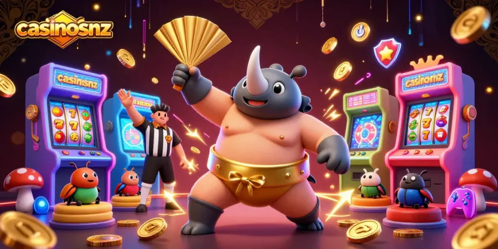 casinosnz vibrant casino scene with a sumo beetle champion and slots elements bursting with energy