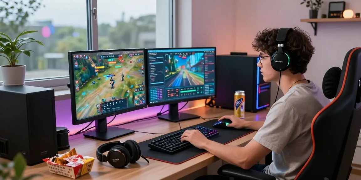 Player engaging with MPOCASH gaming platform at home, showcasing an immersive online gaming setup.