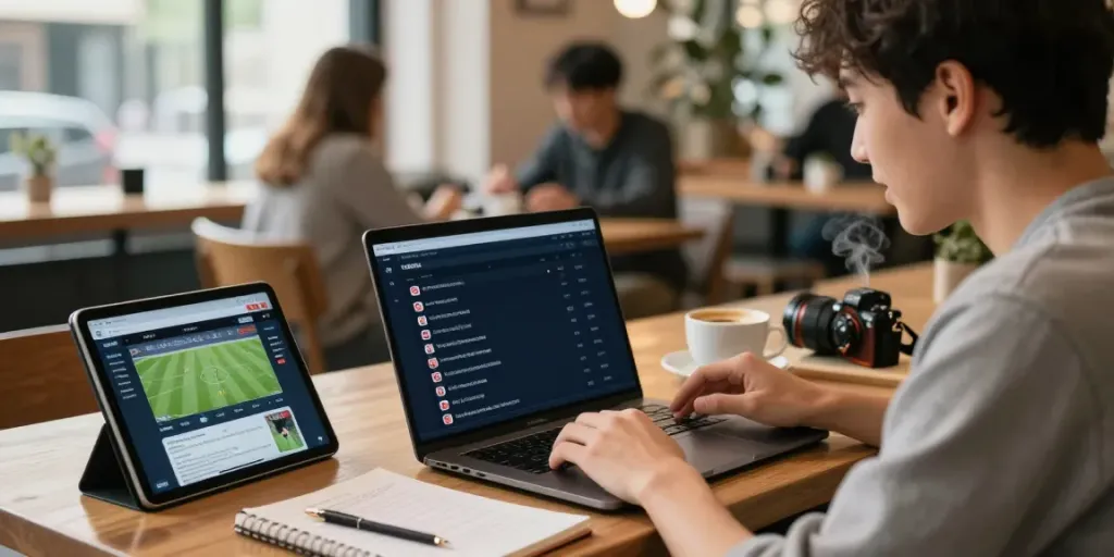 Engaged user analyzing match statistics on the WWBOLA platform in a cozy cafe setting.
