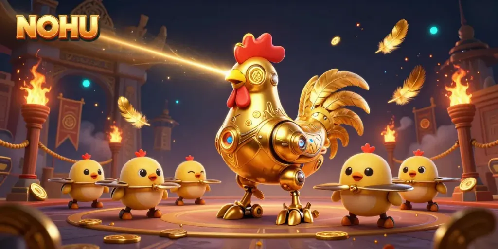Engage with NOHU's exciting golden rooster robot amidst thrilling casino action in a vibrant 3D illustration.