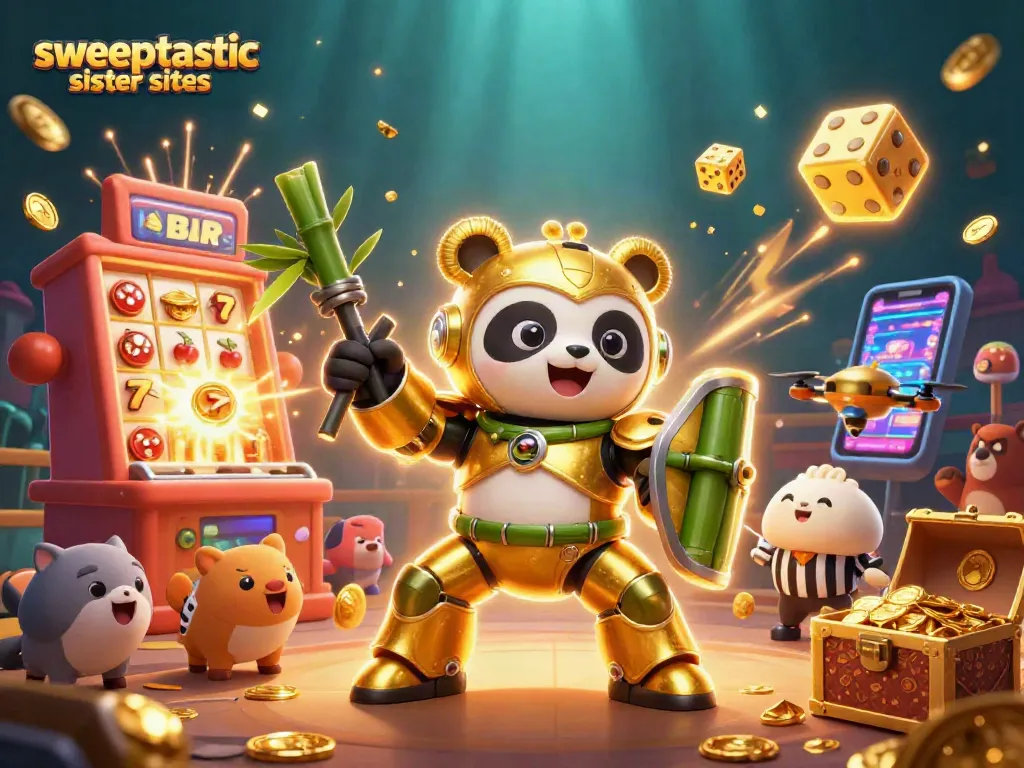 Engage with Sweeptastic sister sites featuring a golden panda robot championing slots and casino gaming.