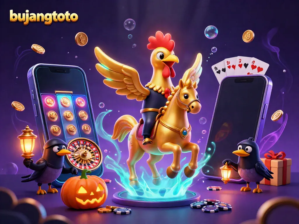 Bujangtoto reveals a dazzling casino scene with a golden rooster and magical elements.