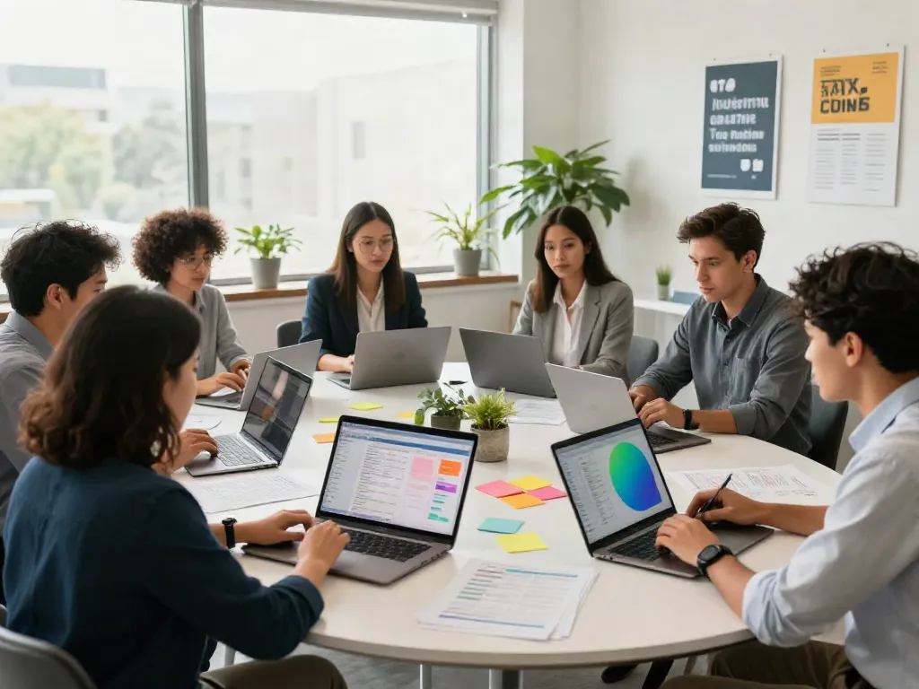 Tax office software professionals collaborating in a dynamic workspace.