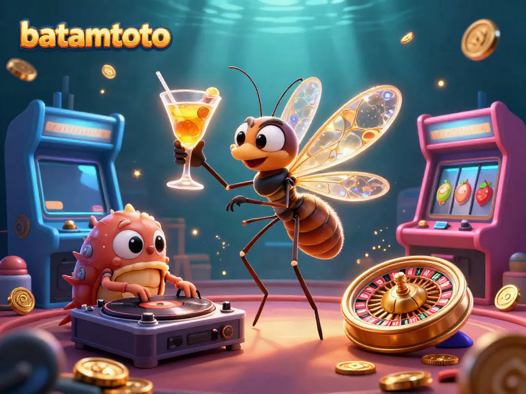 Experience the excitement of batamtoto with a vibrant 3D illustration showcasing casino elements and characters.
