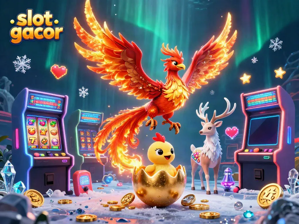 Experience our captivating slot gacor scene with a fire phoenix and vibrant slot machines!