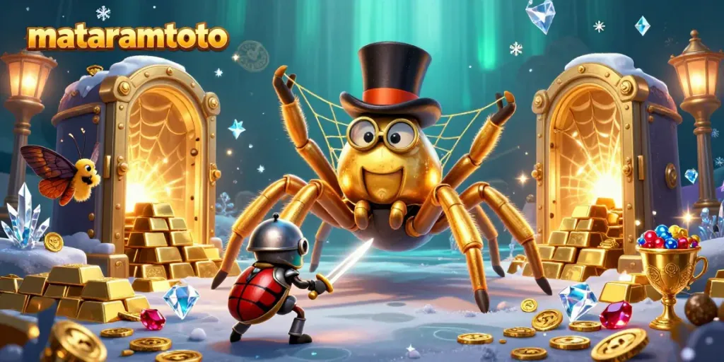 mataramtoto's golden tarantula weaves treasure-filled web in vibrant casino-inspired illustration