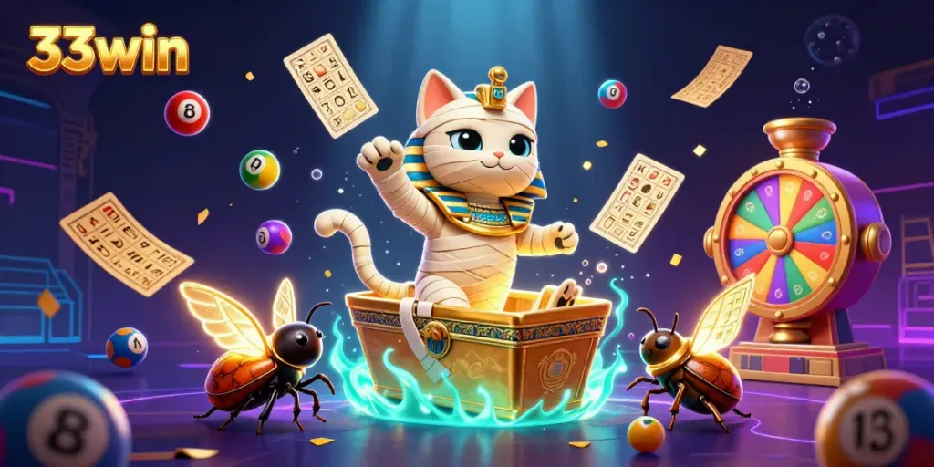 Engage with 33win's thrilling casino scene featuring a mummy cat in a pyramid among vibrant lottery elements.