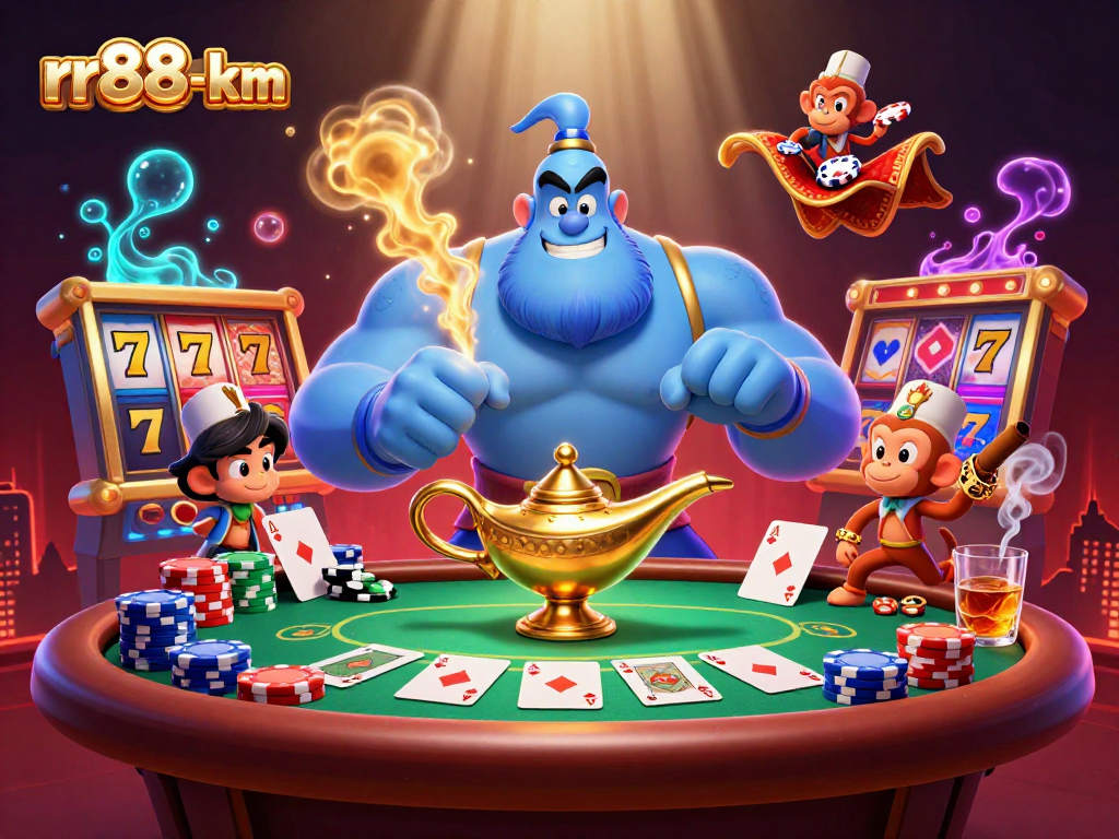 Experience thrilling gameplay at rr88-km with a vibrant 3D casino illustration capturing a playful genie, poker chips, and dynamic gaming elements.
