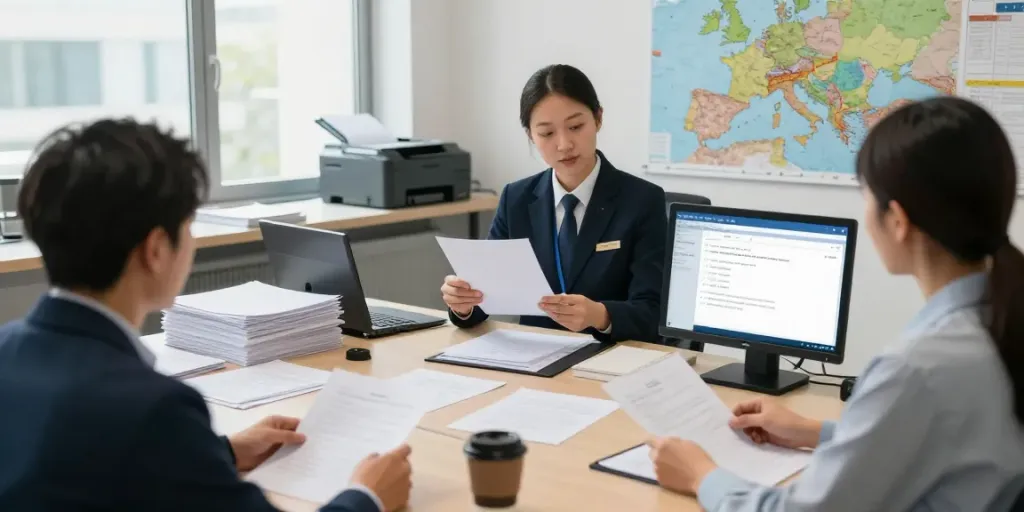 Zollabwicklung Dienstleister in einem professionellen Logistikbüro, der Dokumente analysiert und mit Kunden interagiert