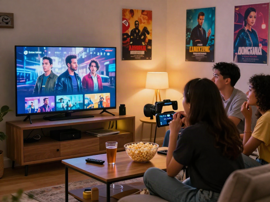 Friends enjoying a pikashow streaming session in a cozy entertainment room.