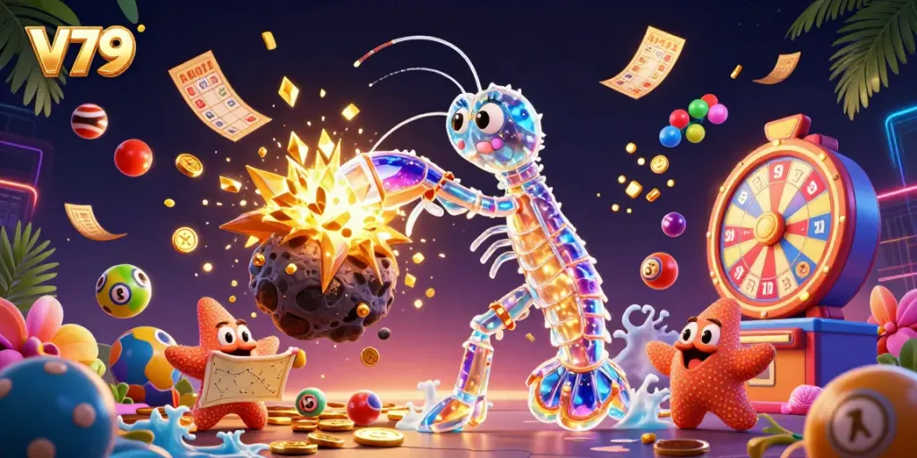 Experience thrilling wins at V79 with colorful lottery balls and festive gaming elements in a vibrant scene.