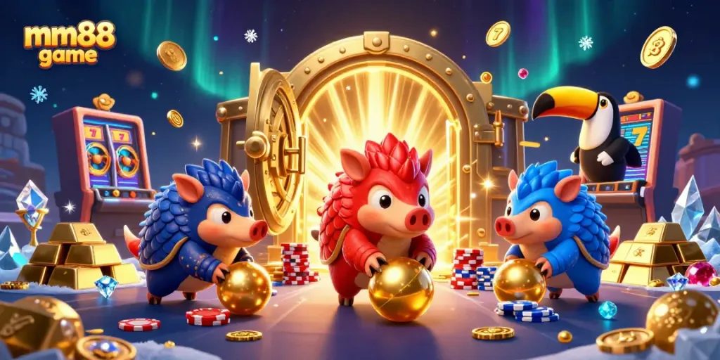 Experience the excitement of mm88 game with vibrant pangolins, gold treasures, and dynamic casino elements.
