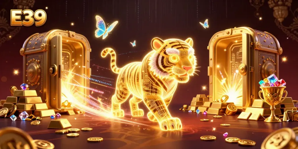 Experience E39's digital casino landscape with a glowing tiger and treasure bursting from vaults.