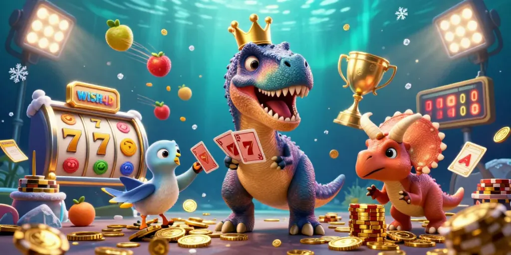 WISH4D invites players to engage in thrilling slot games with T-Rex shuffling cards and more.