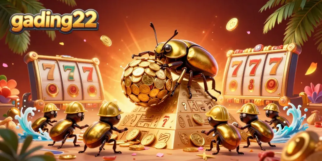 Experience thrilling gameplay at gading22 with a vibrant casino-themed scene featuring golden beetles, jackpot reels, and lively symbols.