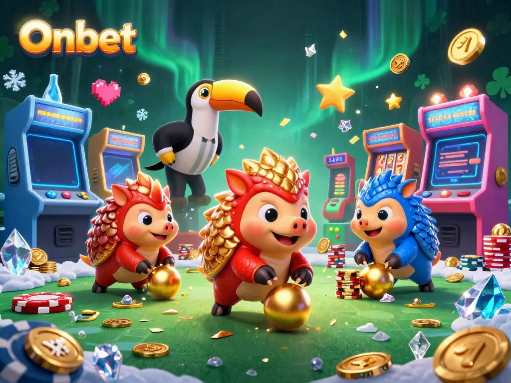 Engaging Onbet scene featuring rival pangolins competing in a casino atmosphere filled with gold and gaming elements.