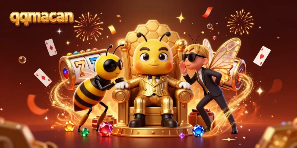Experience queen bee action in qqmacan's lively casino scene with vibrant slot reels and explosive gems.