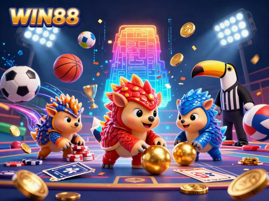 WIN88 illustrates a vibrant 3D scene with competitive pangolins amidst poker chips and sports elements.