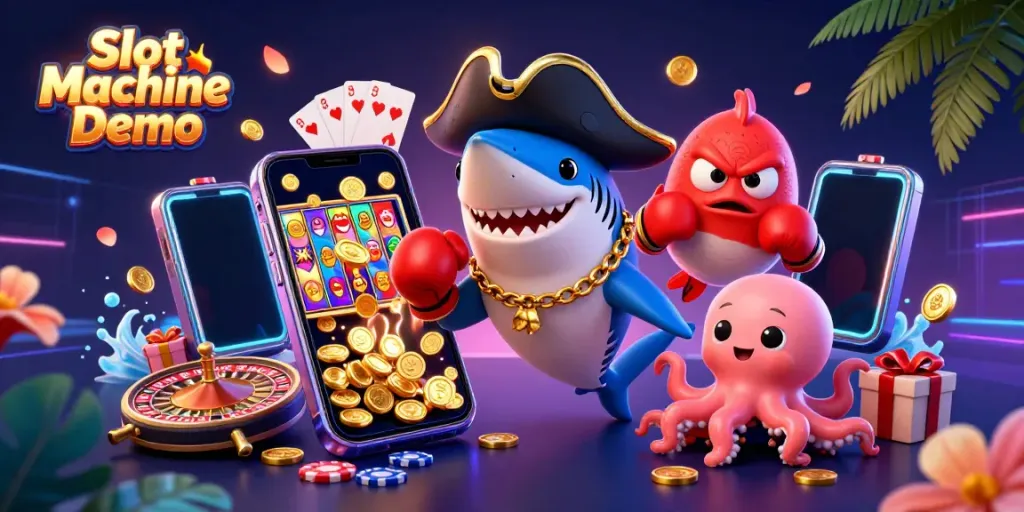 Engage with Slot Machine Demo featuring a pirate shark, pufferfish, and octopus surrounded by vibrant casino elements.