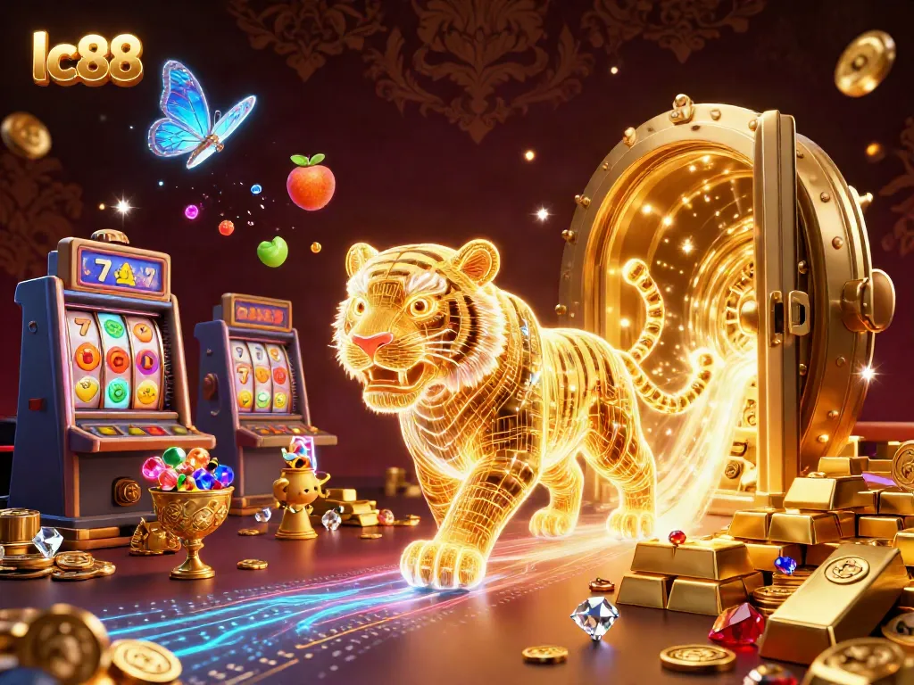 Experience the thrill of lc88 casino gaming with a vibrant 3D illustration featuring a golden tiger amidst dazzling slot symbols and treasures.