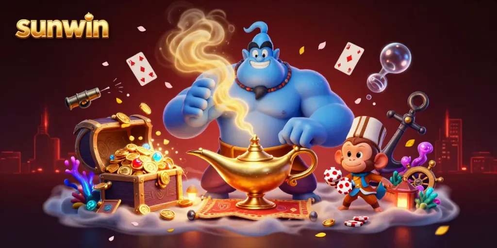 Experience the excitement of sunwin with a genie and colorful casino elements in this vibrant illustration.