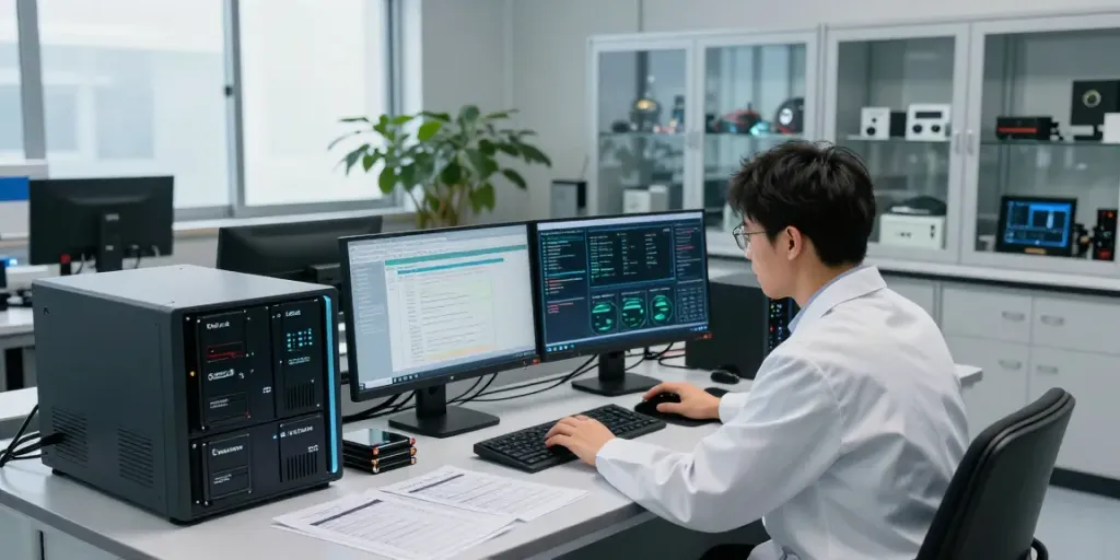 Diving into digital forensics with an analyst at computer screens showcasing evidence analysis in a high-tech lab