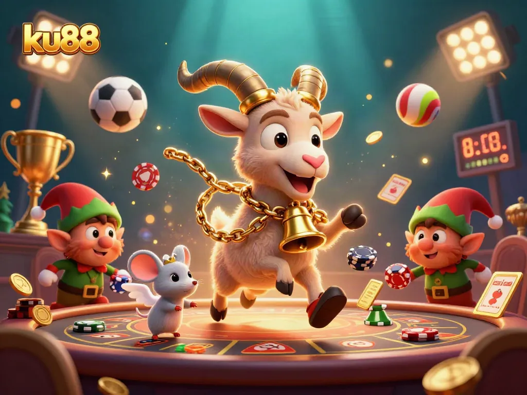 ku88 showcases a lively scene with characters amidst casino games and vibrant sports elements