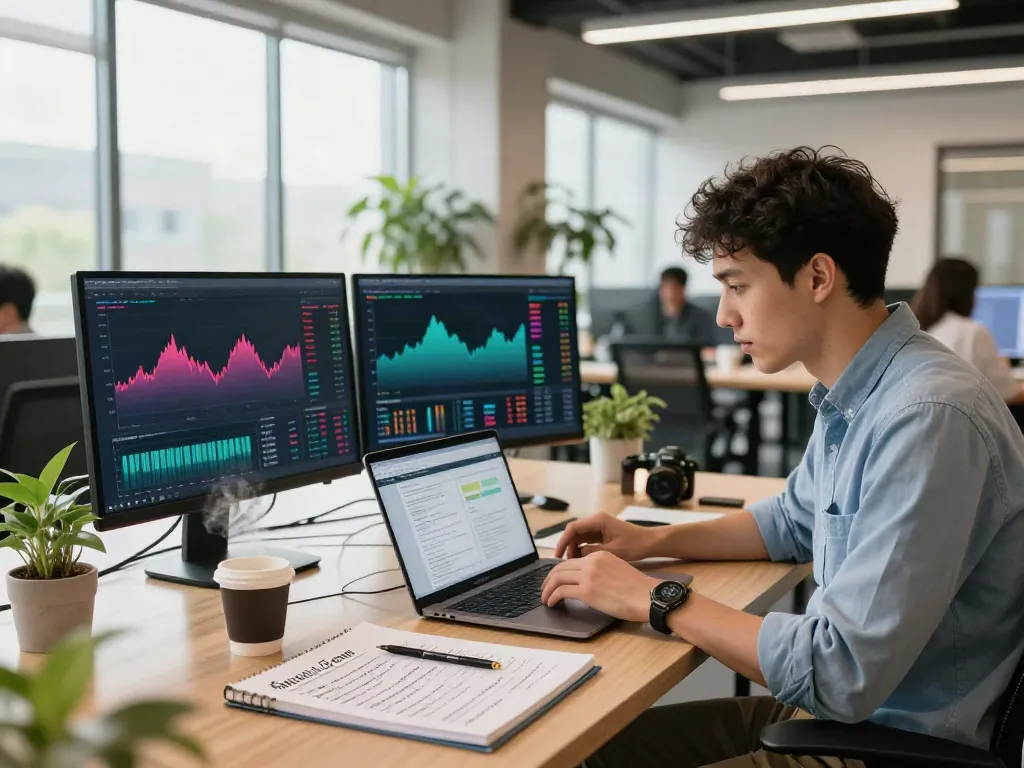 Professional using FintechZoom.com in a modern workspace for financial analysis.