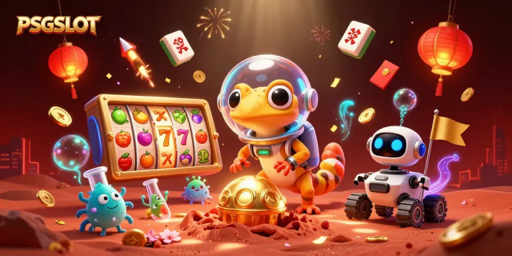 Engage with PSGSLOT while witnessing a Martian gecko unveil a golden casino on Mars.