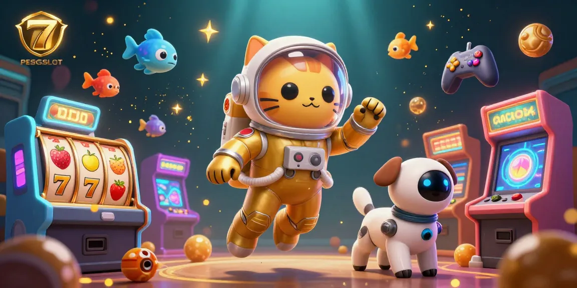 PESGSLOT showcases an astronaut cat with a robot dog amidst colorful slot reels, symbolizing exciting gaming adventures.