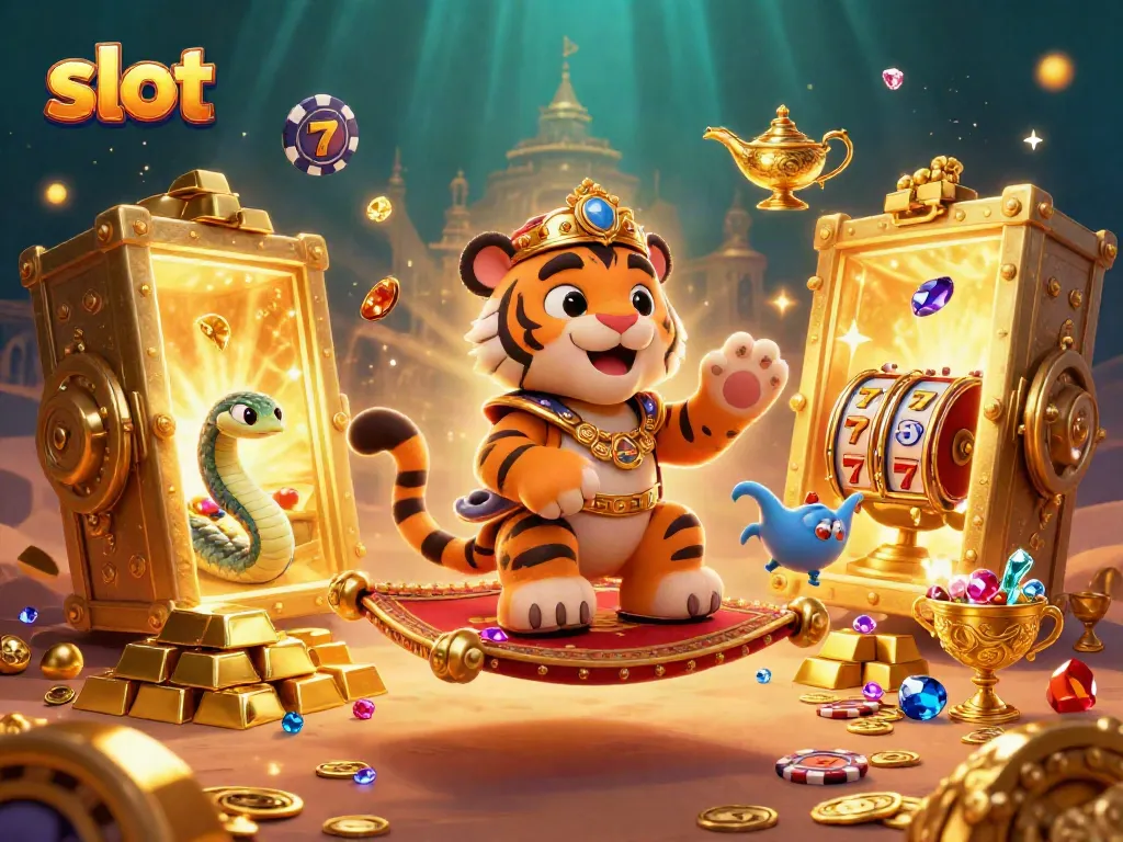 Spin the slot reels with a tiger sultan and treasure vault in a vibrant casino scene.