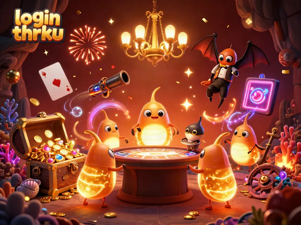 Experience seamless gaming with login thrku in a vibrant 3D casino scene lit by bioluminescent glowworms.