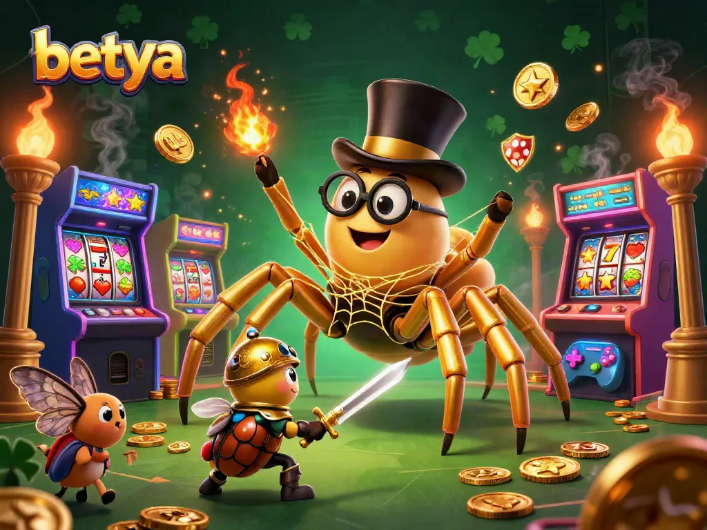Engage with betya casino games featuring a golden tarantula and beetle knight in a vibrant 3D world.