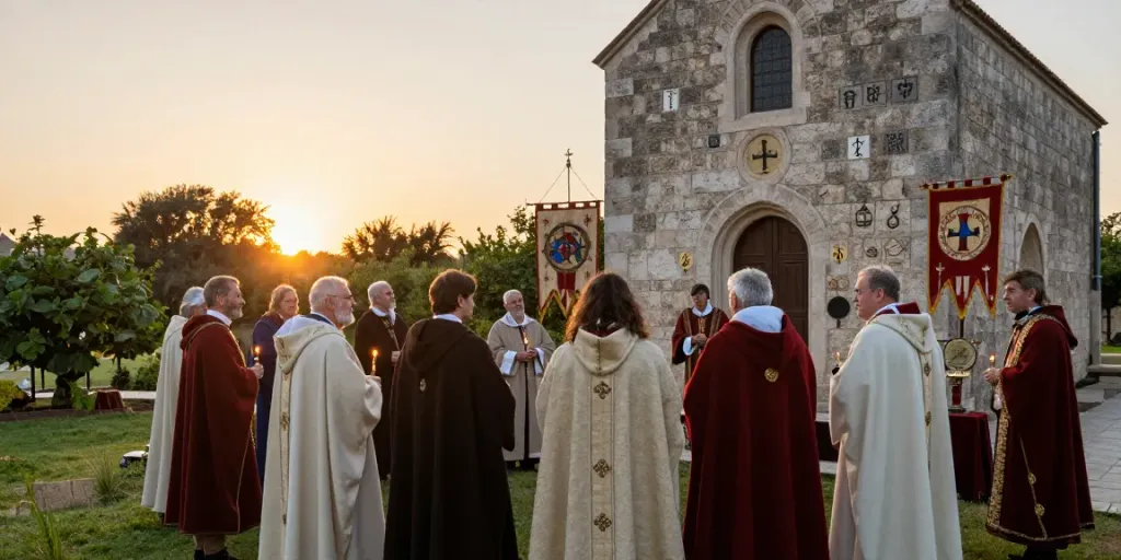 Rassemblement des membres de l'ordre de Saint-Lazare devant une chapelle historique.