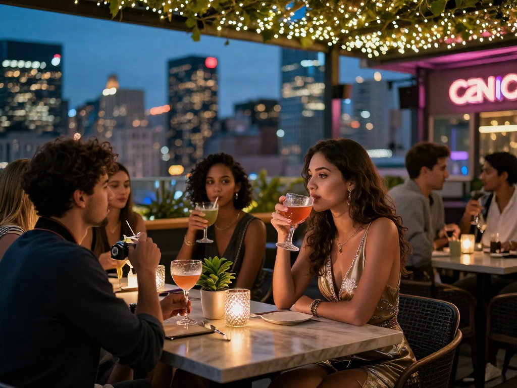 Cuộc sống về đêm tại bar rooftop với gái gọi và bạn bè.