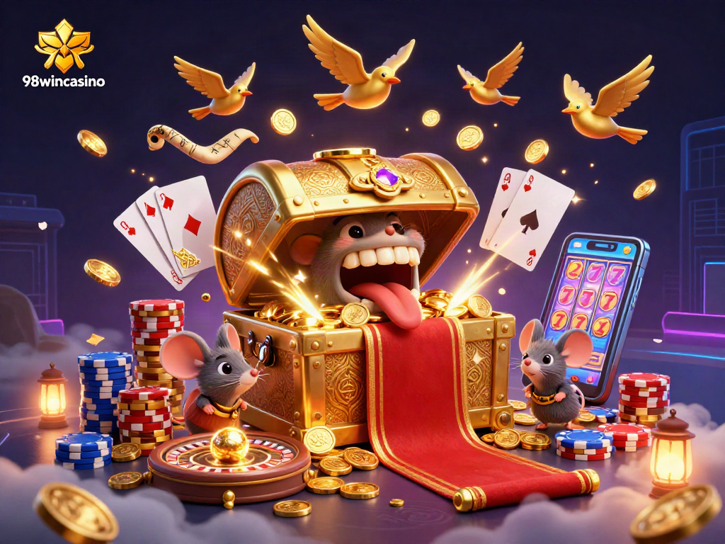 Engage with 98wincasino and discover an enchanting casino scene filled with treasures and vibrant game elements.