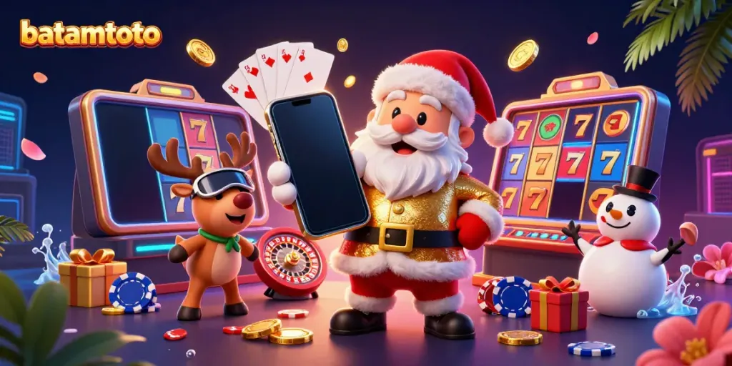 Engage with batamtoto in this vibrant illustration of Santa Claus winning at slots with friends in a casino setting.