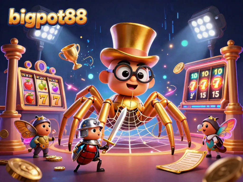 bigpot88 menghadirkan ilustrasi yang menggambarkan tarantula emas dan ksatria jangkrik dalam suasana kasino yang penuh warna.