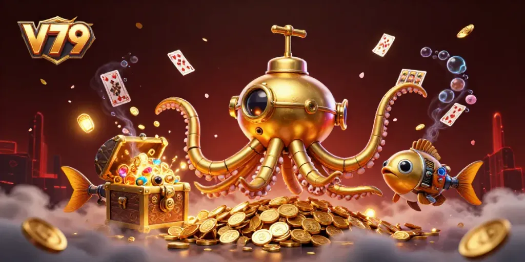 Experience thrilling gaming action at V79 with captivating illustrations of a golden kraken submarine and treasure-filled ocean.