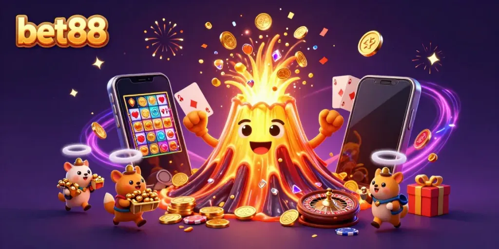 Experience bet88's thrilling adventure with a triumphant volcano erupting coins and treasures in a vibrant casino scene.