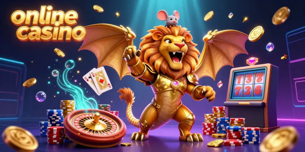 Experience thrilling moments at an online casino with a golden chimera and winning game elements.
