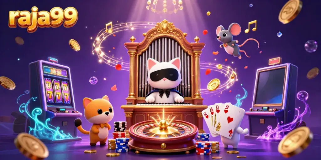 Experience thrilling gameplay with raja99's vibrant casino scene featuring slot machines and playful characters.