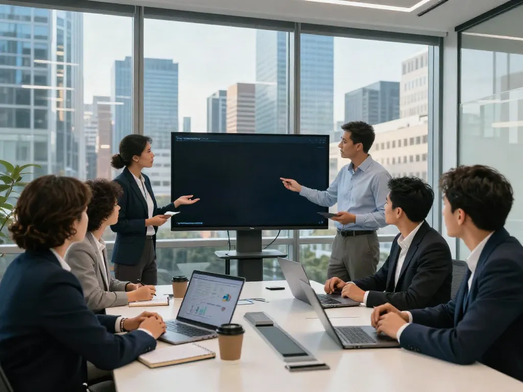 Team collaborating in a modern office, discussing strategies for bpinetempresas.