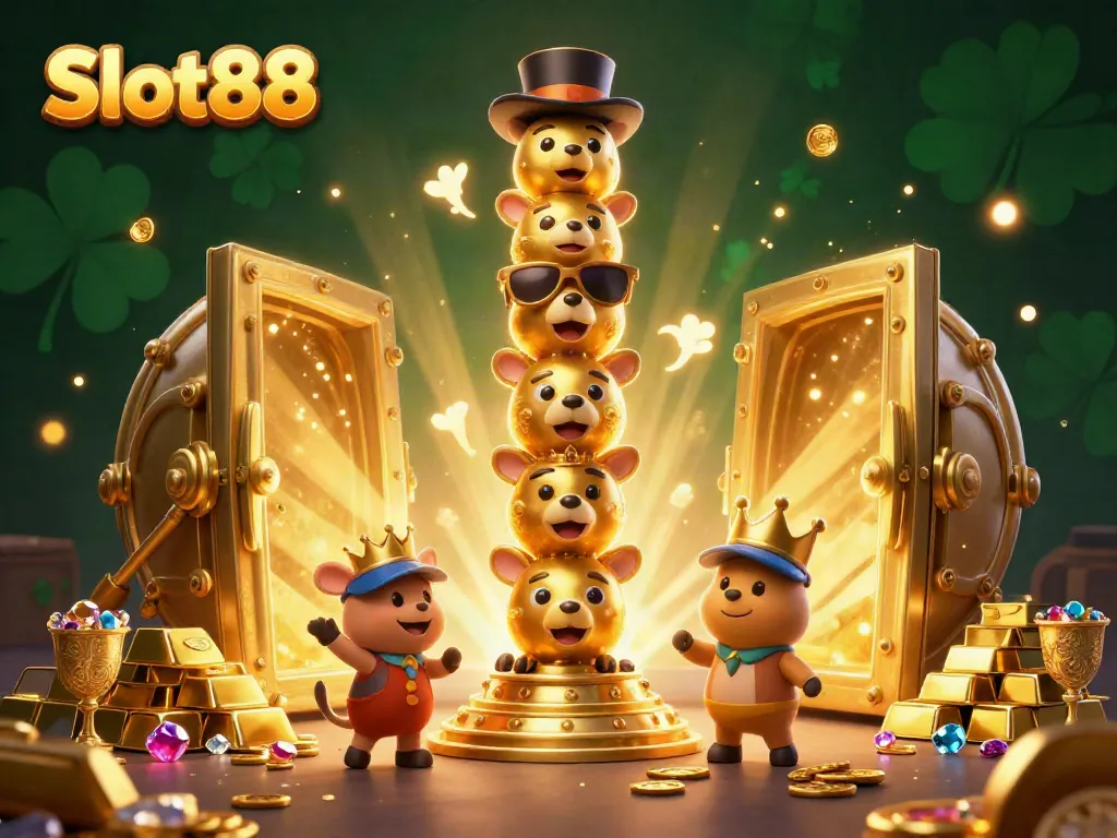 Spin the Slot88 reels in a vibrant scene filled with treasures and whimsical characters.