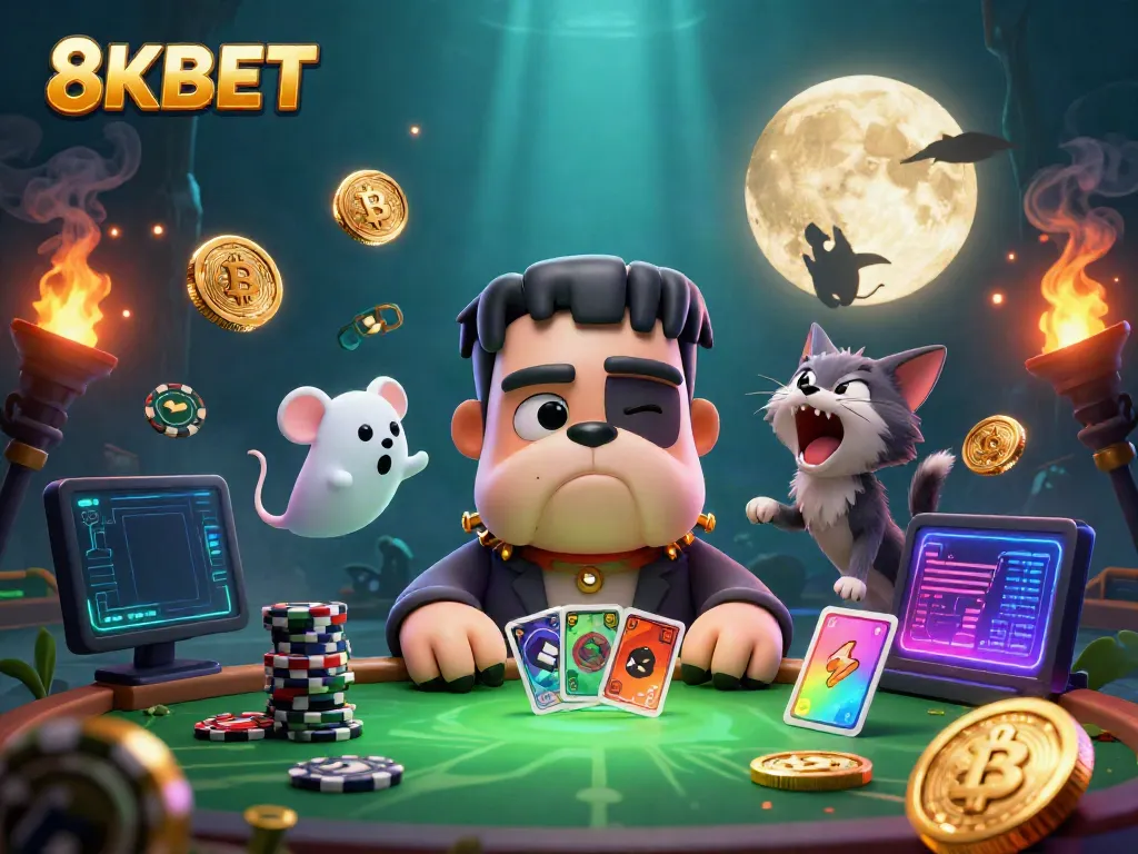 Join the excitement of 8KBET with cartoon characters at a spooky casino table.