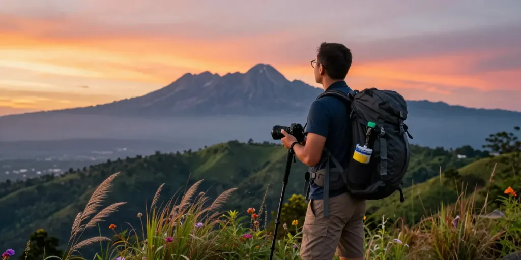 Trip to Kundasang Sabah: Scenic sunset view with a traveler gazing at Mount Kinabalu.