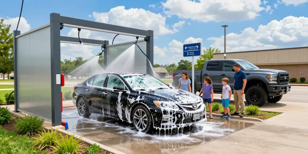 Experience the best touchless car wash near me Fort Worth, showcasing innovative technology with automated washing bays and happy customers.