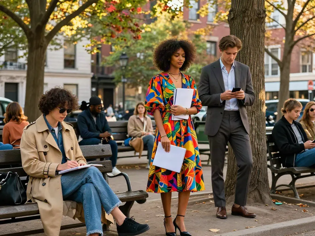 Fashionisk .com showcase of stylish individuals in a city park during golden hour.