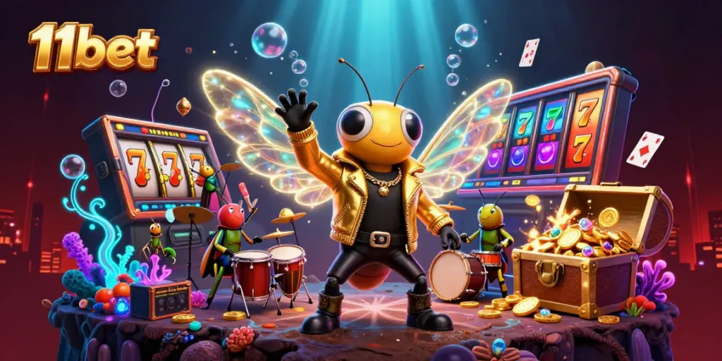 Experience thrilling gaming action with 11bet's dynamic casino atmosphere featuring vibrant slot reels and lively characters.